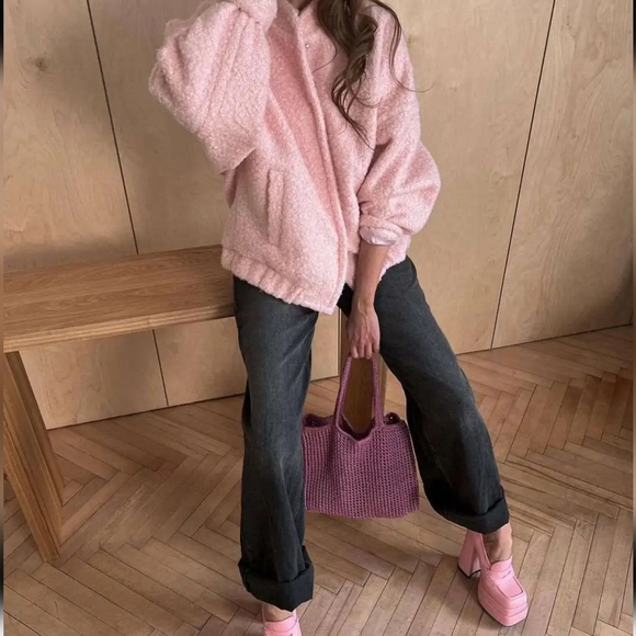 Pink Short Fur Jacket Coat For Women Autumn Winter Casual Stand Collar - Picture 3 of 9